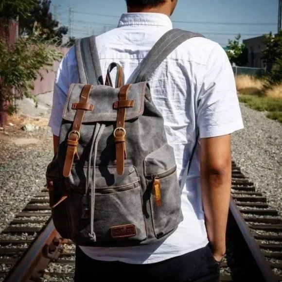 New Men's 21L Vintage Canvas Backpack Grey - Picture 1 of 5